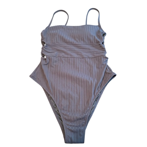 Shade & Shore One Piece Swimsuit Sizw M Gray Ribbed Strappy Side Cheeky - Picture 1 of 12